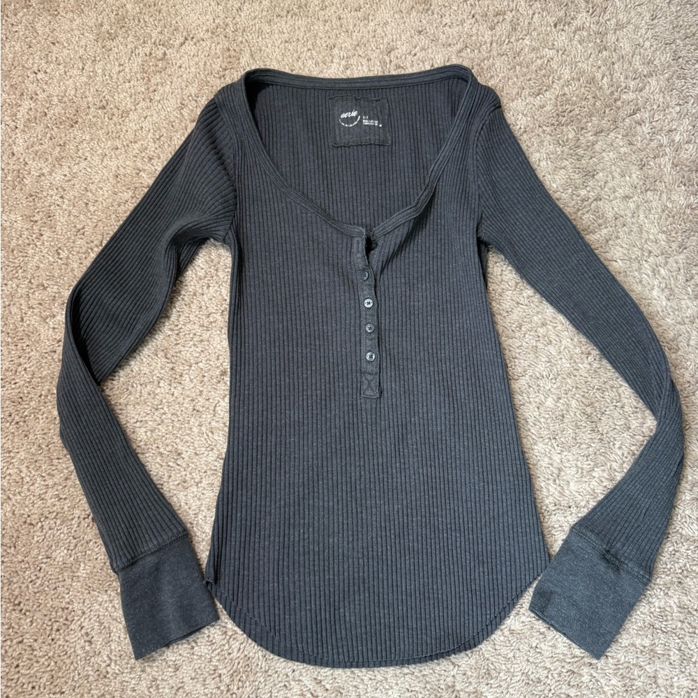 Aerie Gray Fitted Ribbed Long Sleeve Top